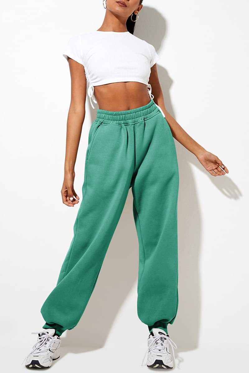 Pantaloni casual sportivi in tinta unita da donna con gambe larghe_voghion.com