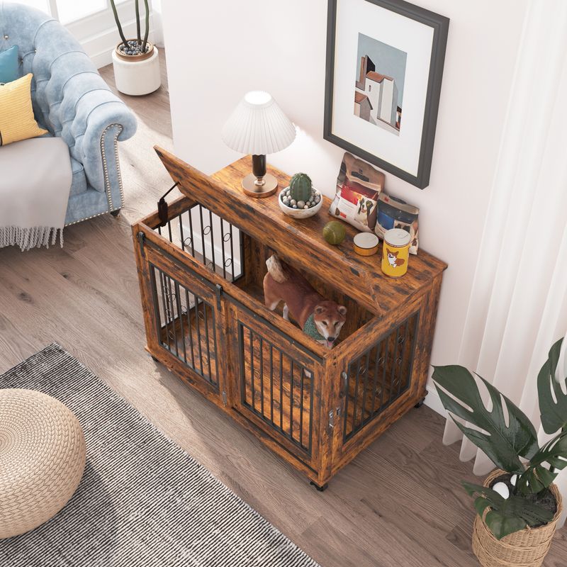 Sliding Door Dog Cage With Partition For Two Puppies, Rustic Brown, 39.37'' W X 25.20'' D X 28.94'' H_voghion.com
