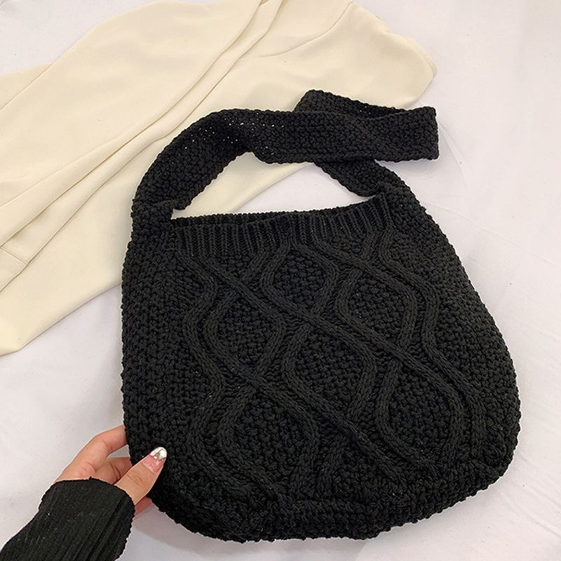 Lihao Women Shoulder Twist Pattern Crochet Solid Color Large Capacity Shopping Tote Bag for Travel-Dark Brown_voghion.com