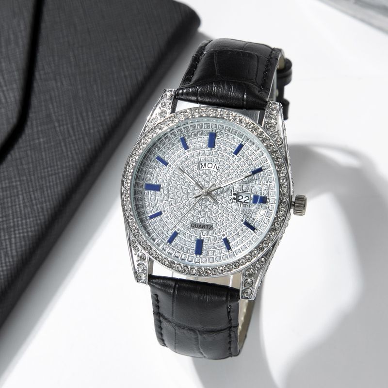 Elegant Square Crystal-Studded Watch With Dual Calendar - Stainless Steel Butterfly Clasp, Quartz Movement (Multiple Colors Available)_voghion.com