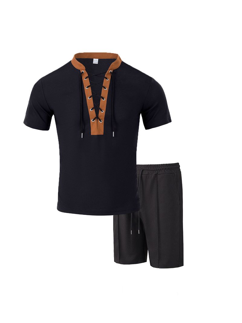 Completo da uomo composto da t-shirt a maniche corte e pantaloncini in maglia a nido d'ape - Collo rotondo marrone con coulisse in vita, completo casual in due pezzi_voghion.com