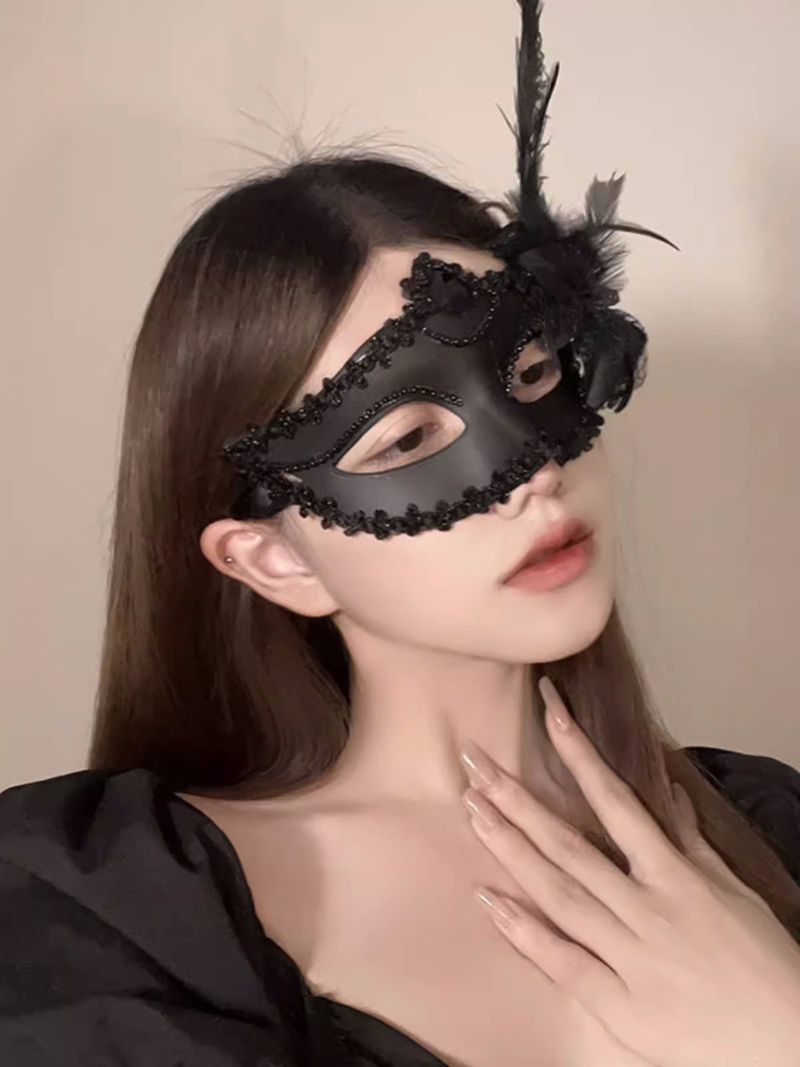 Maschera di piume di Halloween in pizzo sexy per feste in maschera, mezza faccia femminile_voghion.com