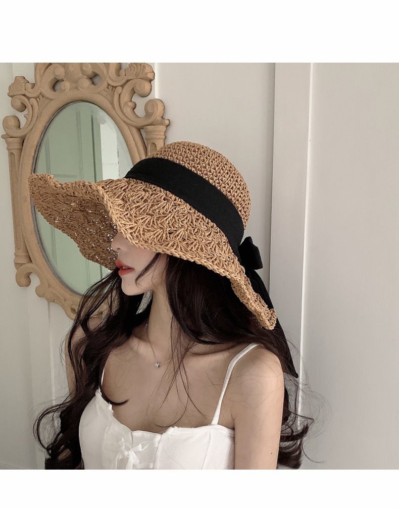 Pdmcms Neuer japanischer Strohhut für Damen, Sommerhut mit Schnürung, große Krempe, Strandhut, faltbar, cooler Urlaubshut, Sonnenschutz und Sonnenschirmhut_voghion.com