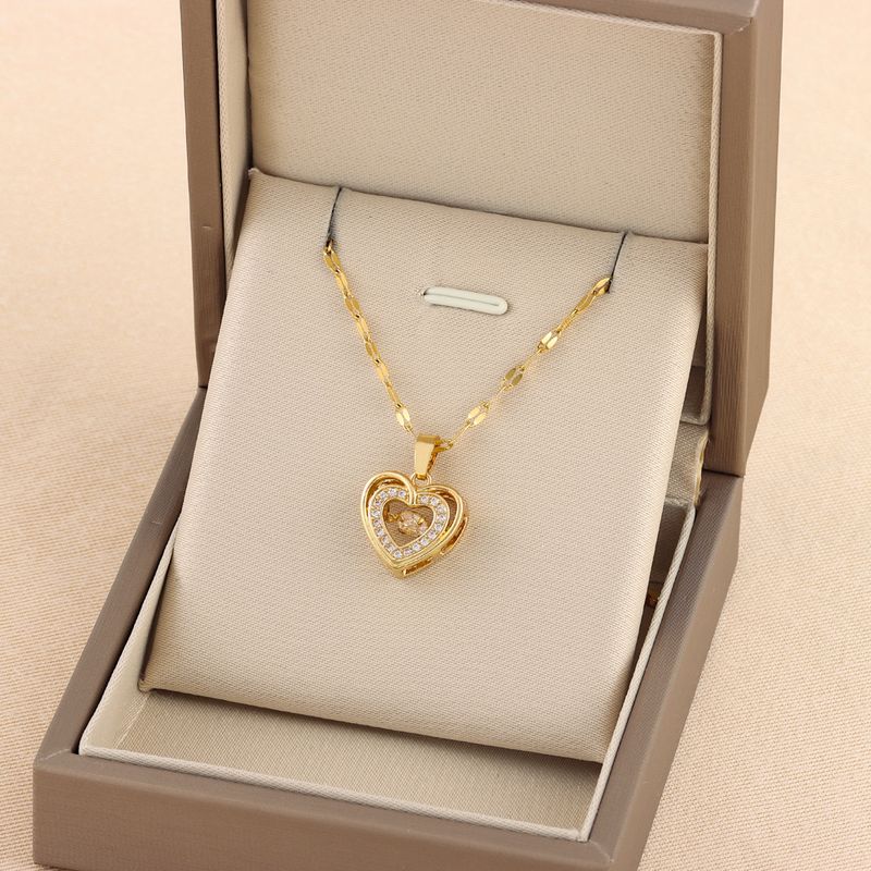 Live Korean Style Double Layer Dynamic Heart Pendant Titanium Necklace Stainless Steel Women's Clavicle Chain_voghion.com