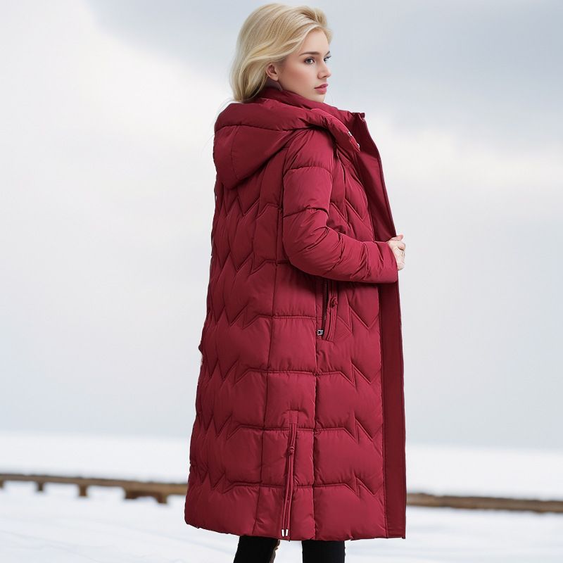 Extra Long Women's Puffer Coat - Oversized Winter Jacket With Hood, Knee-Length Warmth, Plus Size Friendly (Wine Red, Khaki, Dusty Pink, Black)_voghion.com