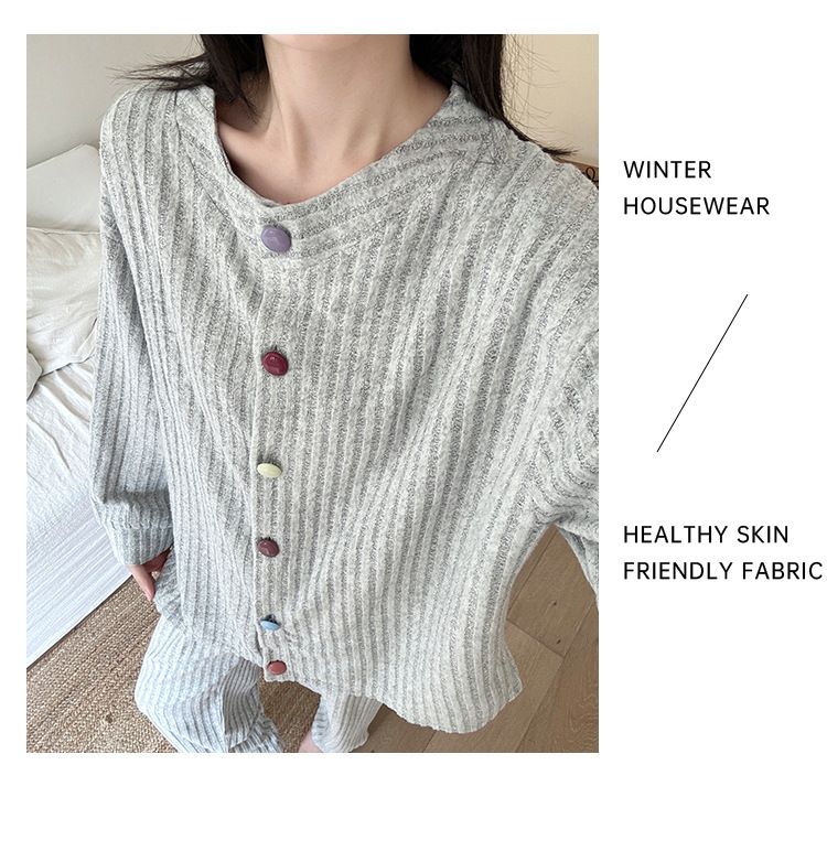 Pigiama in lana di pecora ChicShe per donna, cardigan con bottoni in colori caldi per autunno e inverno, manica lunga, dolce e semplice, casual, per la casa_voghion.com