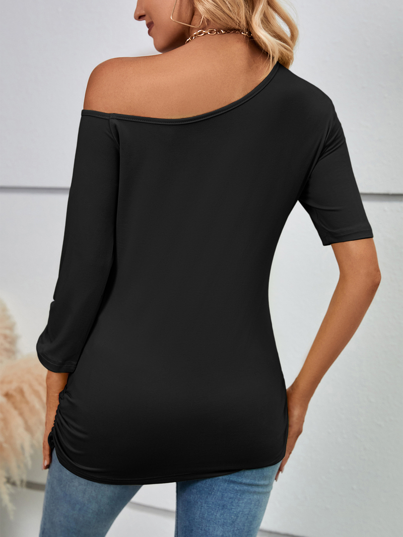 Damen Love bedrucktes Kurzarm-T-Shirt, schulterfreies, unregelmäßiges Ärmel, langes, modisches, schmales Oberteil_voghion.com