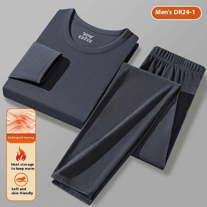 Men's solid color thermal underwear with velvet long sleeves, thin and thick clothes, autumn pants set, single piece_voghion.com