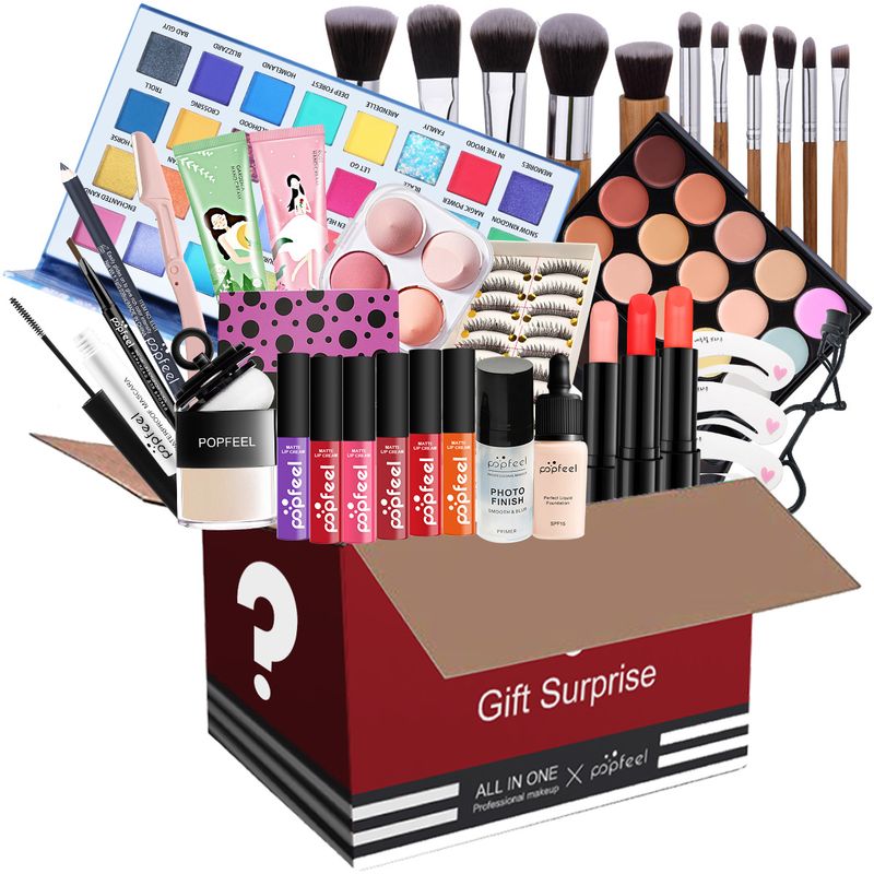Caja sorpresa con combinación de maquillaje, sombra de ojos, lápiz labial, juego de brochas de maquillaje de base, color aleatorio_voghion.com