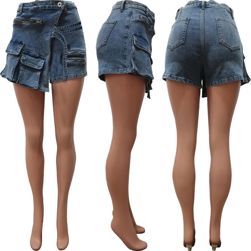 Mono de mezclilla elástico para mujer, pantalones cortos de mezclilla con múltiples bolsillos con cremallera_voghion.com