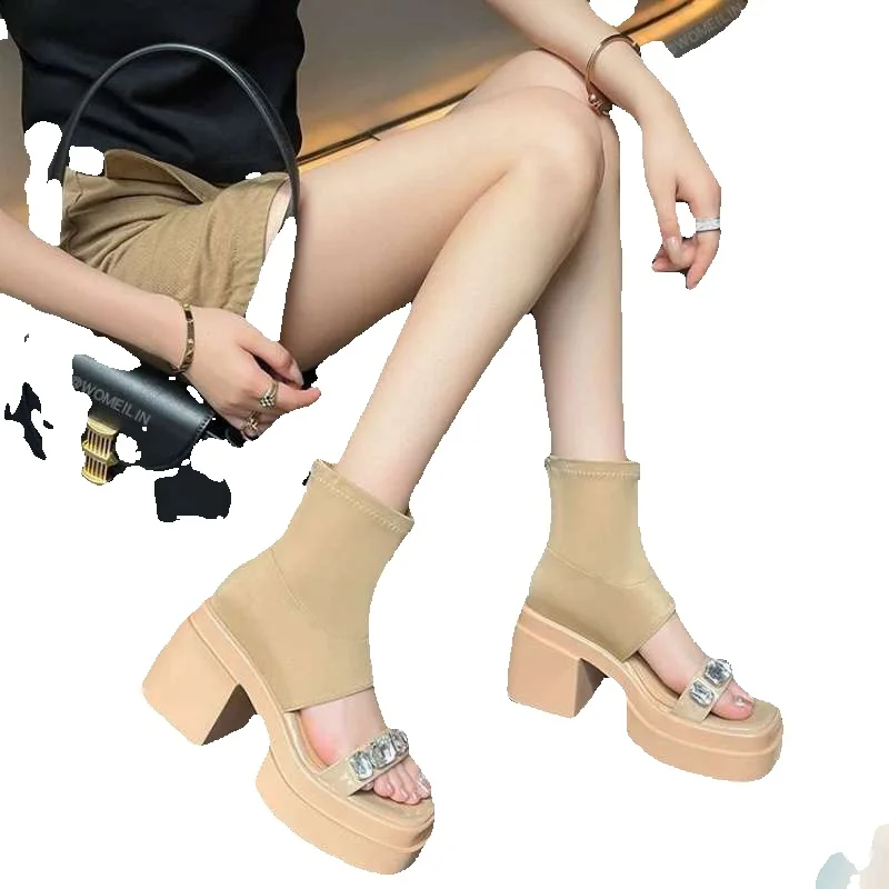 thick Heel Platform Sandals,2025 Summer New Short Elastic Slim Boots Fashion Exquisite Comfortable_voghion.com