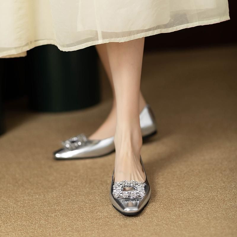 Frühling 2025 Neue Scoop Head Water Diamond Square Button Flat Casual Style Damen Einzelschuhe_voghion.com