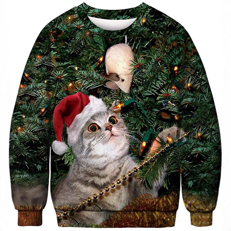 Felpa da uomo a maniche lunghe con stampa digitale a colori 3D, motivo: animale di Halloween, gatto, miagolio, stella_voghion.com