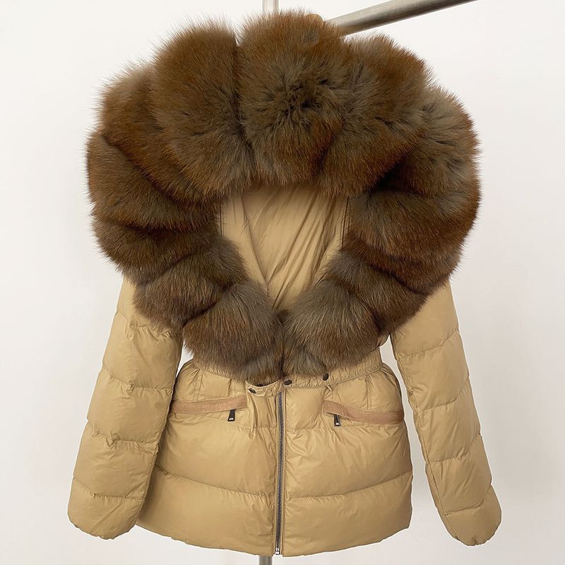 Nuovo stile caldo del commercio estero, giacca corta da donna con collo in vera pelliccia di volpe, giacca in piumino con vita sottile e spessa_voghion.com