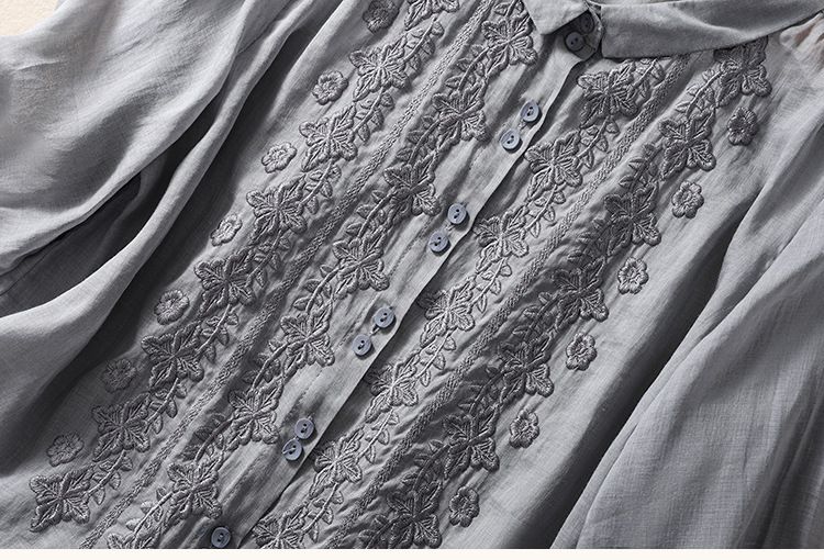 Camicetta vintage da donna in lino e cotone con maniche a sette quarti, con fiori ricamati_voghion.com