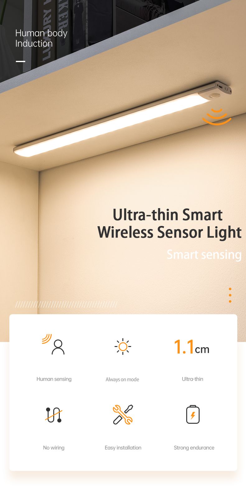 Luz noturna LED tipo C recarregável com sensor de movimento RYYD para armários de cozinha, iluminação de 10 cm/20 cm/30 cm/40 cm/50 cm_voghion.com