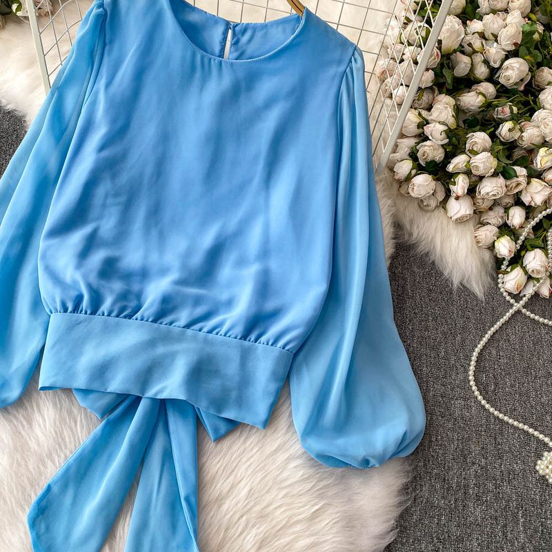 Zachte blauwe getailleerde top met pofmouwen + hoge taille slanke kanten cakerok, tweedelige set_voghion.com