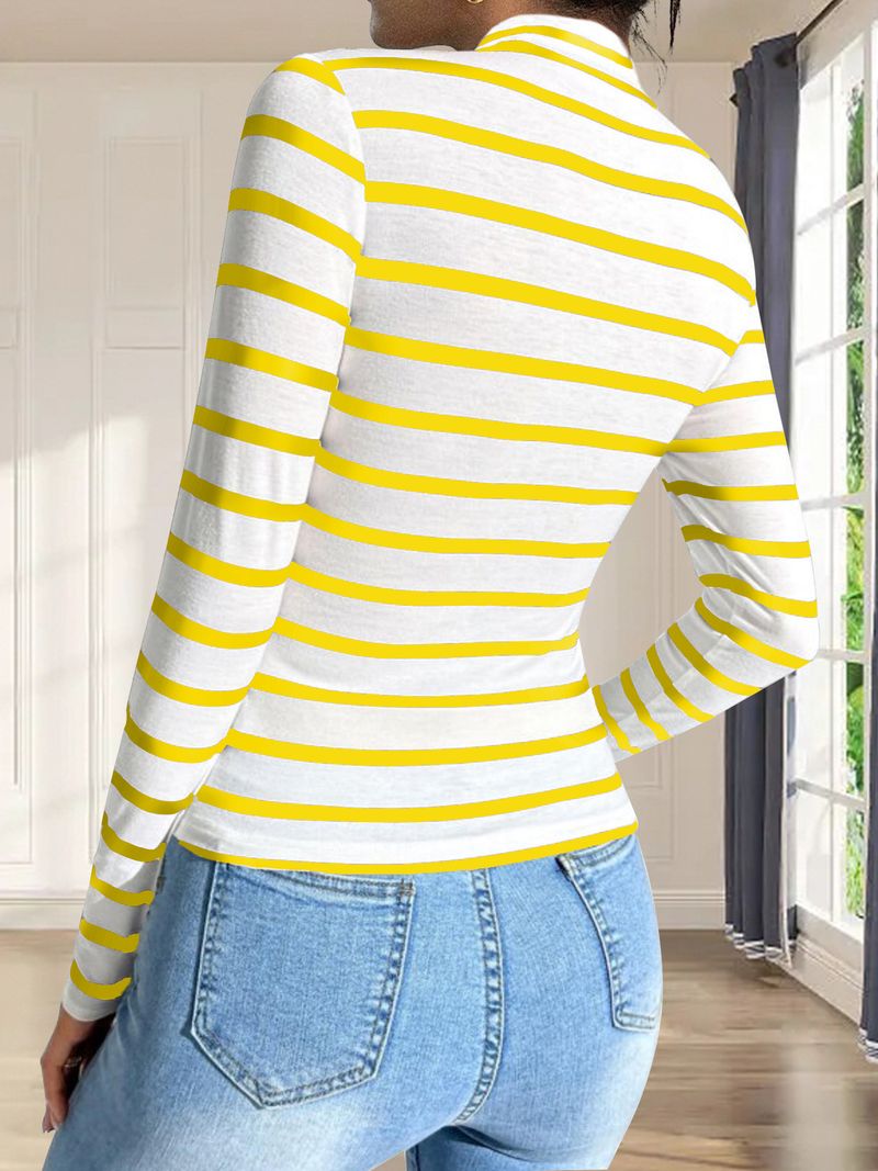 Maglietta a maniche corte in cotone a righe estive 2025 con collo alto, temperamento da pendolare, con cappuccio, da donna, lavorata a maglia_voghion.com