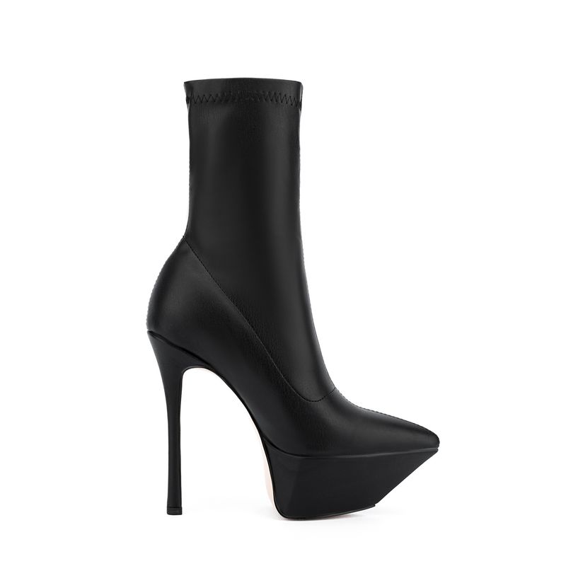 2022 Winter New Pointed Toe Stiletto Super High Heel Waterproof Platform Slip-On Catwalk Plus Size Stretch Short Boots_voghion.com