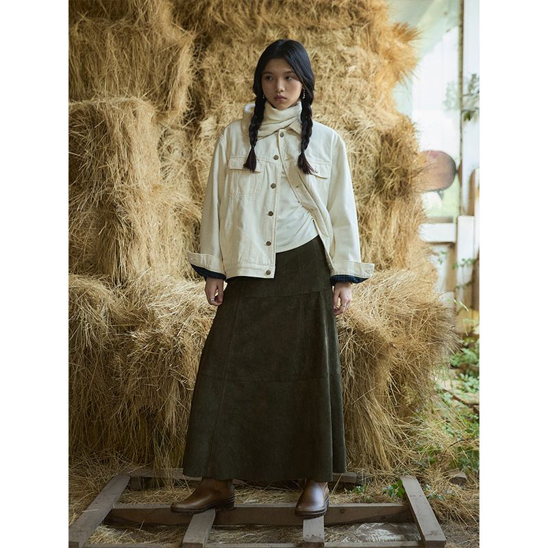 Gonna midi snellente GraceChic Simple Retro Time Machine in pelle scamosciata elegante e temperamento discreto, opaca, 02378_voghion.com