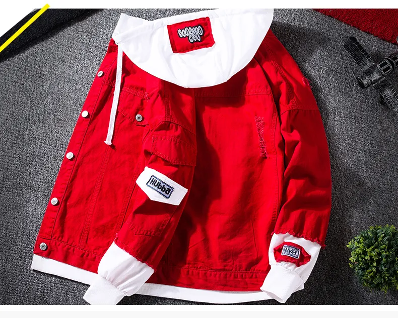 Men's Jackets Spring 2022 Red Pink Black Jeans Jacket Men Slim Streetwear Ripped Denim Hoodie Hip Hop Bomber Homme_voghion.com