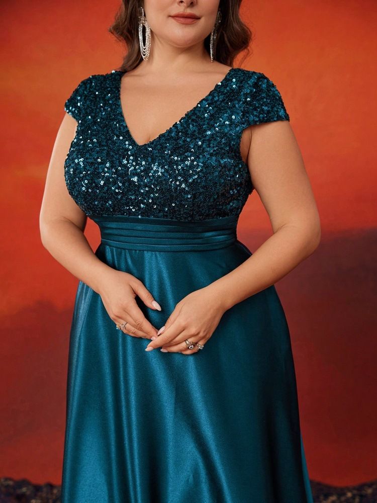 Abito da sera elegante in raso con scollo a V e paillettes, per feste e banchetti, da donna, elegante e raffinato_voghion.com