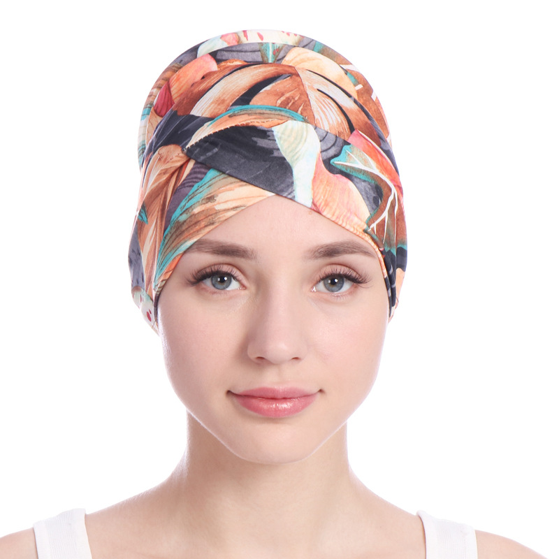 Women's Hats turban hat, leaf cotton chemotherapy cap, back hair bun cap in stock_voghion.com