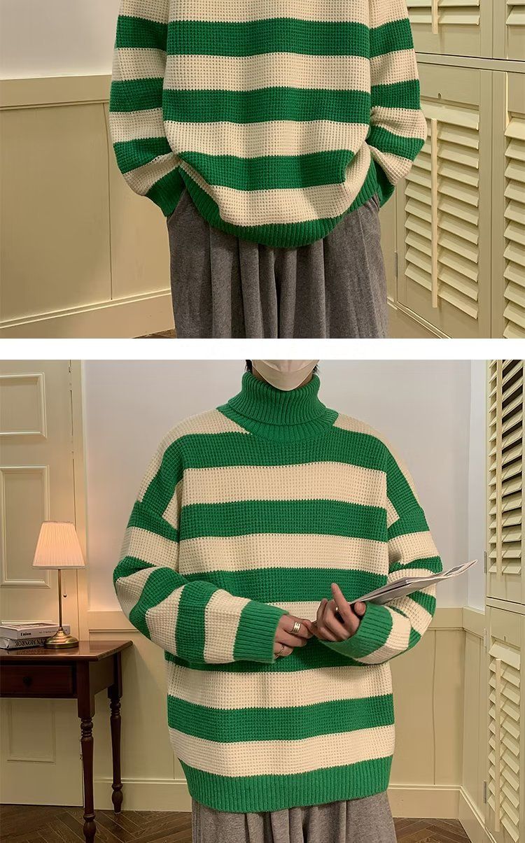 Maglione a collo alto a righe bianche e nere per uomo, stile retrò giapponese, pigro e di alta qualità. Maglione lavorato a maglia con inserti a contrasto_voghion.com