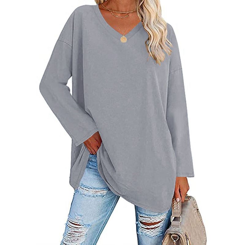 Camiseta extra grande, nova, solta, ombro caído, decote em V, cor sólida, top feminino, manga comprida_voghion.com