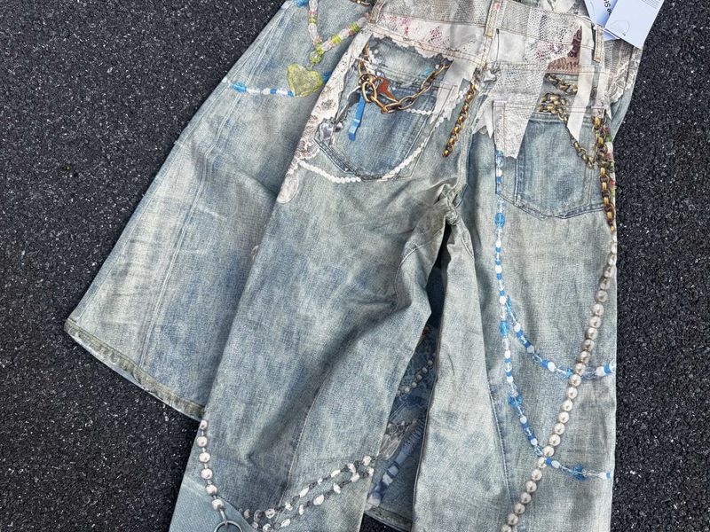 Dantel ve İnci Zincirli, Düşük Bel, Geniş Paça Erkek Kot Pantolon - 3D Baskılı Çiçekli Kot Pantolon, Günlük Kıyafetler İçin Hip-Hop Sokak Giyimi_voghion.com