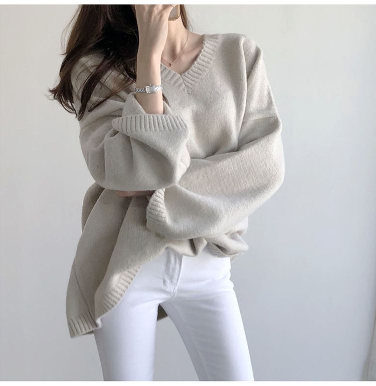 V-Neck Pullover Loose White Bottoming Knitted Sweater Autumn And Winter Lazy Style Outer Wear Black Sweater Women's Fash_voghion.com
