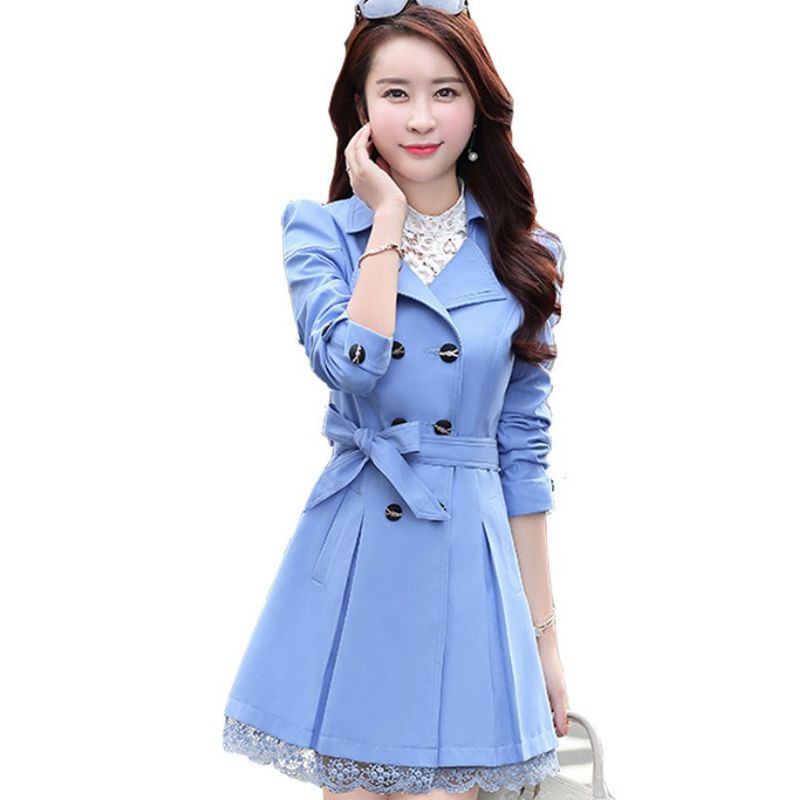 Spring And Autumn New Korean Version Slim Fit Sleeved Solid Color Lace Medium Long Windbreaker Women's Spring Style_voghion.com