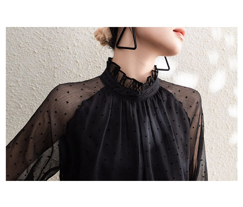 Elegante Chiffonbluse mit gepunktetem Muster, Peter-Pan-Kragen und Volant-Details – Locker geschnittenes Langarm-Oberteil für Damen_voghion.com