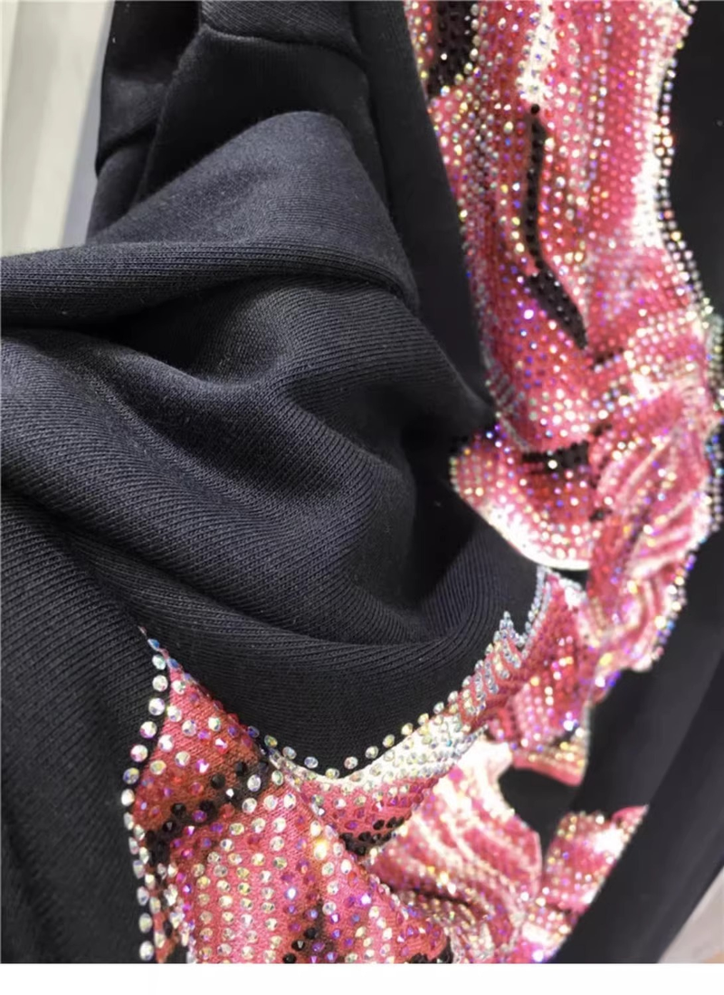 Odzież damska Bardzo duży rozmiar Gorący diamentowy sweter Lekki luksusowy kwiat róży Okrągły dekolt Wąski długi rękaw Bluzka typu pullover_voghion.com