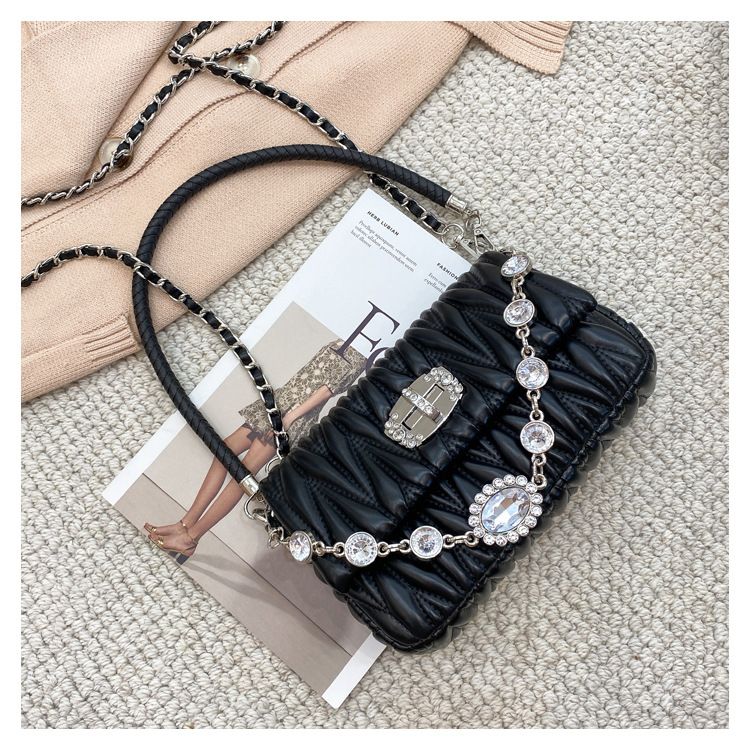 Fashionable and versatile niche chain bag one shoulder pleated diamond small fragrance style net celebrity ladies small bag ins shoulder bag_voghion.com