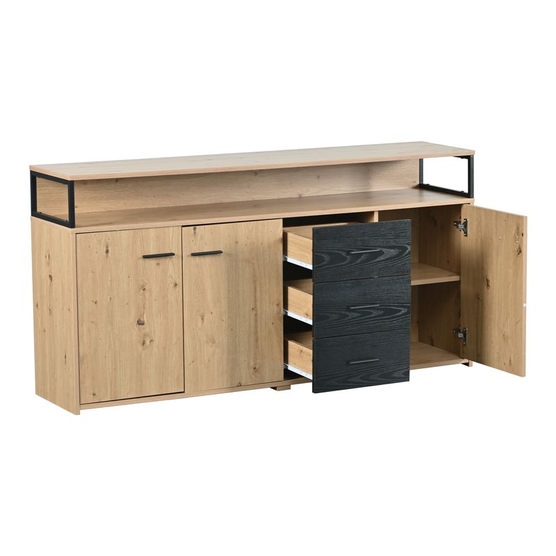 Buffet industriel trois portes et trois tiroirs, meuble de rangement multifonctionnel avec poignées en métal, armoire de cuisine, meuble de rangement pour chambre, salon et bureau, 150 x 35 x 75,9 cm_voghion.com