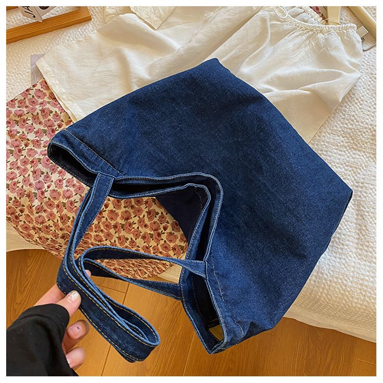 Denim Bag Women's Shoulder Bag Large Capacity Solid Color Washed Denim Bag Student Commuter Shoulder Bag Female Art Casual Handbag_voghion.com
