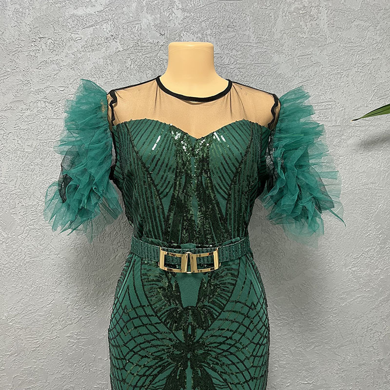 Paillettenkleid für Damen, schmal geschnittener Fischschwanz-Langrock, Bubble-Mesh-Ärmel, modische Abendgarderobe_voghion.com