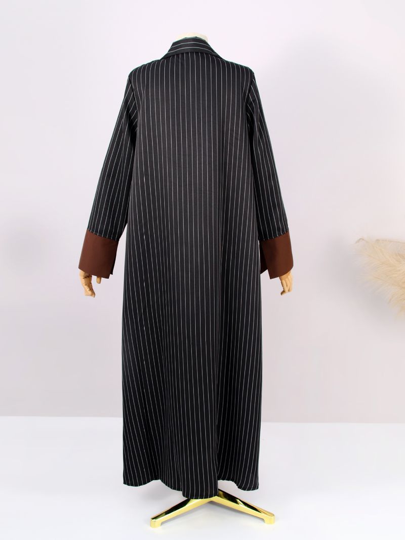 Damenbekleidung Elegantes gestreiftes Abaya-Kleid – schlichter langärmliger Kaftan mit Knopfleiste vorne für Arbeit und Reisen_voghion.com