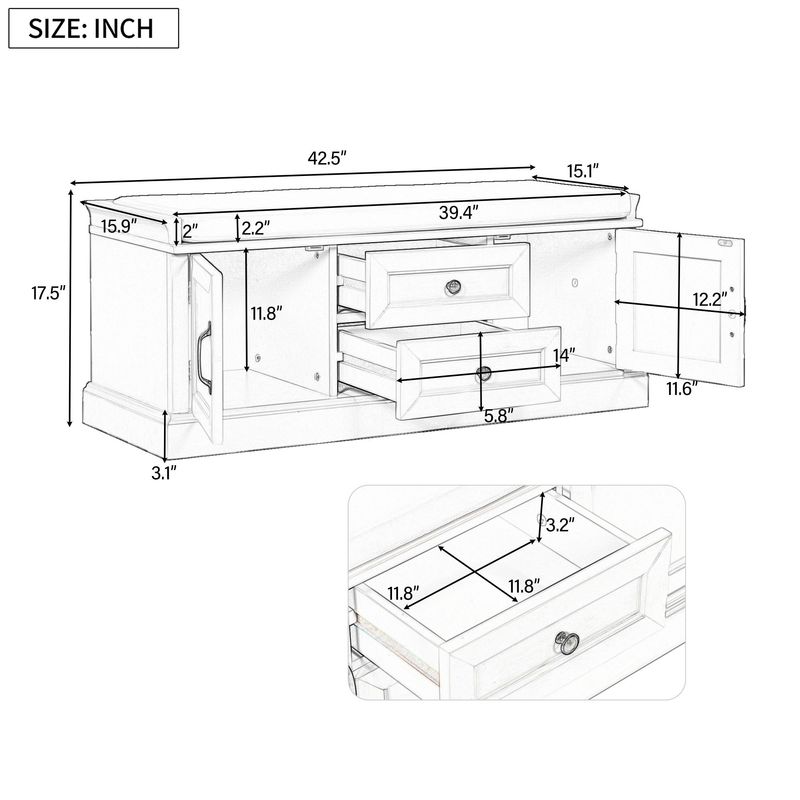 Storage Bench With 2 Drawers And 2 Cabinets,Shoe Bench With Removable Cushion For Living Room,Entryway_voghion.com
