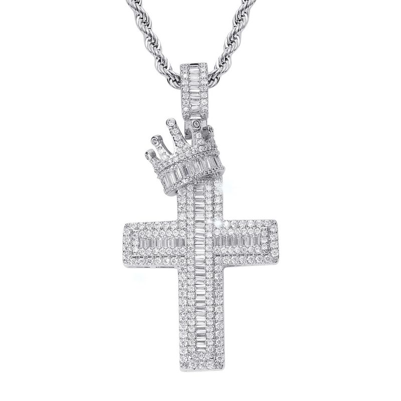 Full Diamond Hip-Hop Style Micro-Inlaid Zircon Crown Cross Pendant Trendy American Necklace Clavicle Chain_voghion.com