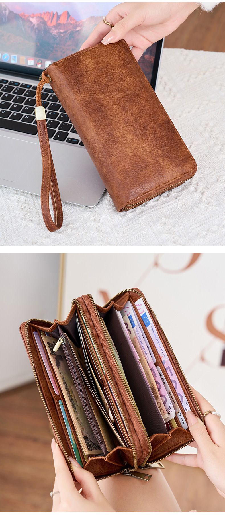 Herren-Geldbörse mit RFID-Schutz, Business-Geldbörse für Herren, modische Geldbörse mit Doppelreißverschluss, lange Geldbörse im Retro-Stil, große Kapazität, Damen-Clutch._voghion.com