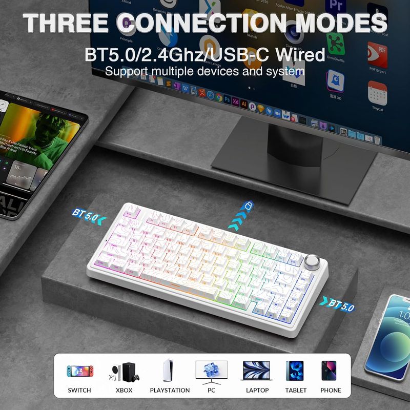 AULA F75 Pro Kabellose mechanische Tastatur, 75 % Hot-Swap-fähige benutzerdefinierte Tastatur mit Knopf, RGB-Hintergrundbeleuchtung, vorgeschmierte Reaper-Schalter, seitlich bedruckte PBT-Tastenkappen, 2_voghion.com
