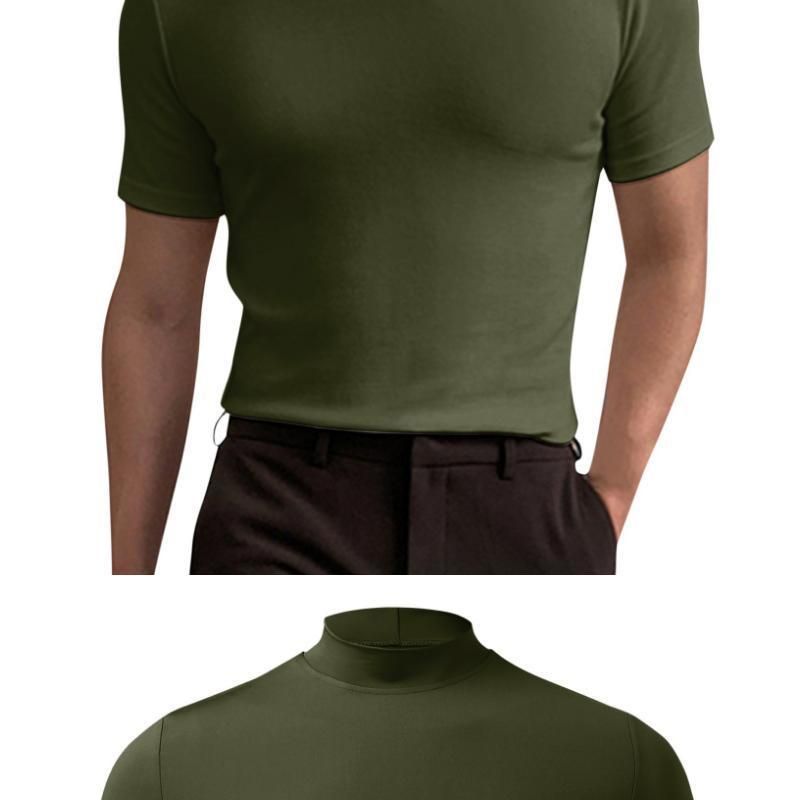 2024 Herbst Winter Stehkragen Kurzarm T-Shirt Herren Basishemd Einfarbiges Oberteil_voghion.com