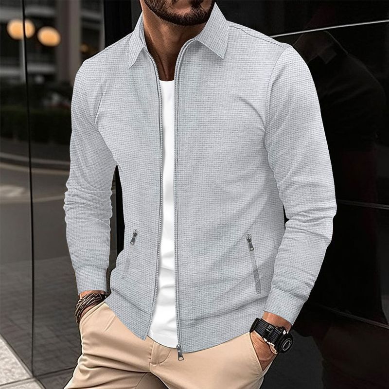 2024 Capispalla Primavera e Autunno Gioventù Waffle Tasca con Cerniera Flip Collar Slim Fit Cardigan Giacca Uomo Esterno_voghion.com
