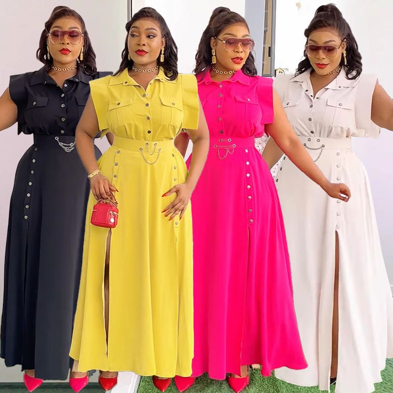 Vêtements pour femmes, couleur unie, revers, sans manches, vêtements de travail, jupe longue fendue, costume deux pièces_voghion.com