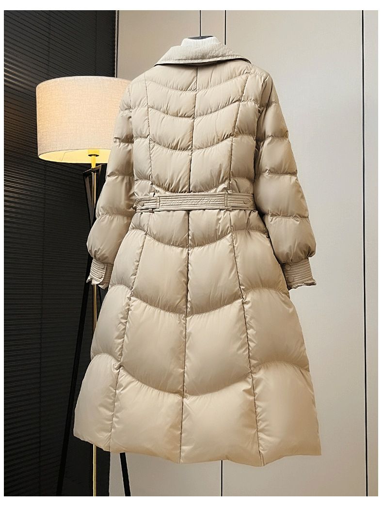 Elegant Women's Trench Coat Down Jacket With Slim Fit, Double Breasted, Waist Belt & Long Length For Winter Fashion_voghion.com