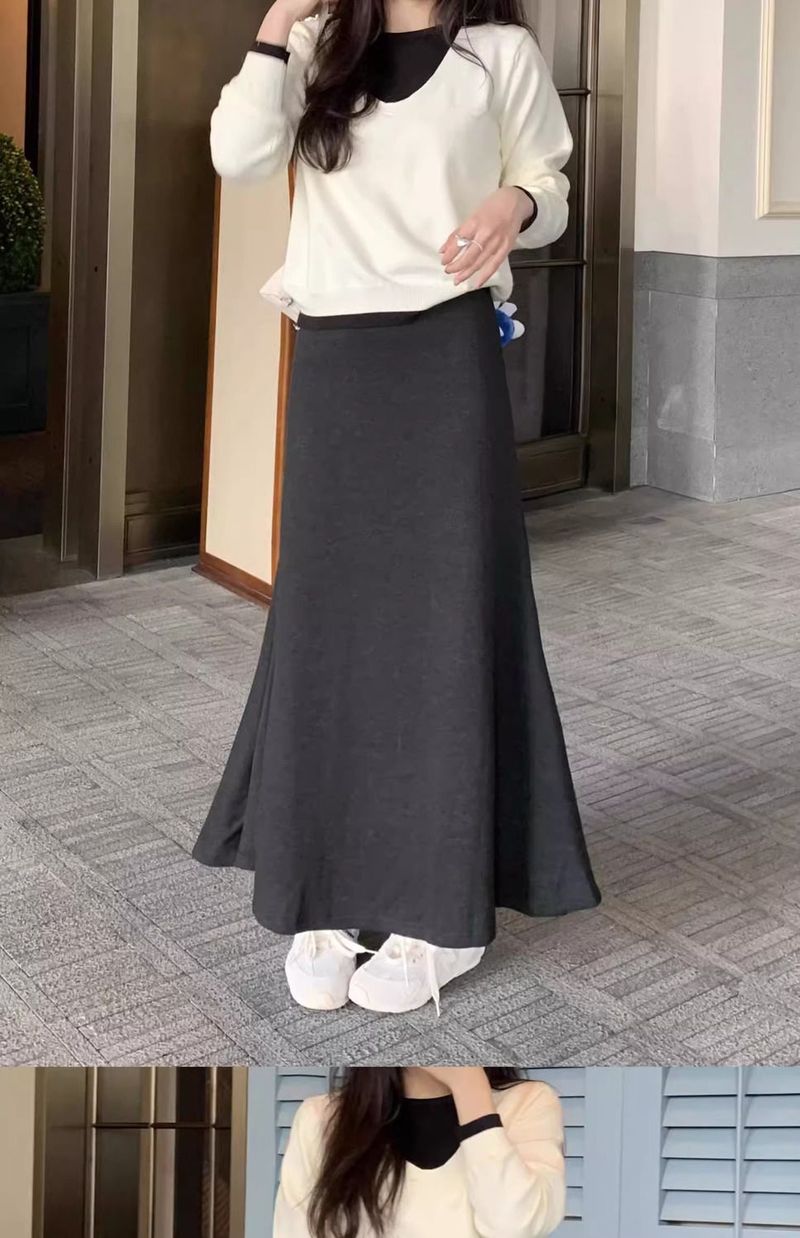 GraceChic GraceChic GraceChic Grijze Midi Dames Lente Herfst Winter Nieuwe Stijl Elegante Hoge A-lijn Zeemeermin Slanke Elastische Taille Rok Eendelig_voghion.com