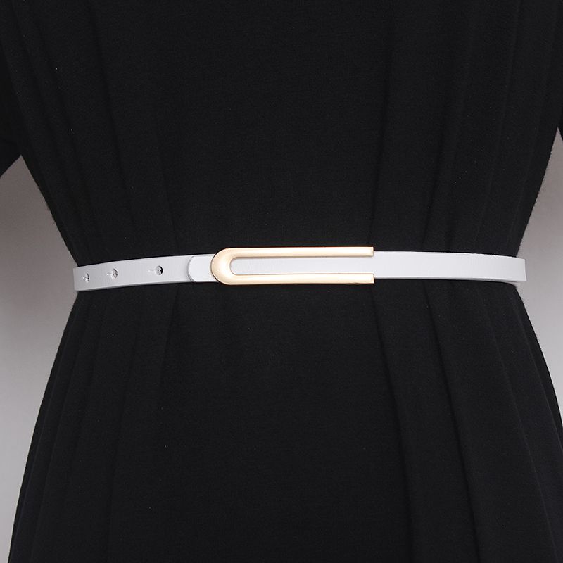 Nový dvouvrstvý hovězí kožený opasek s hladkou přezkou ve tvaru U, tenký módní dámský opasek, košile, ozdobný opasek na kalhoty_voghion.com