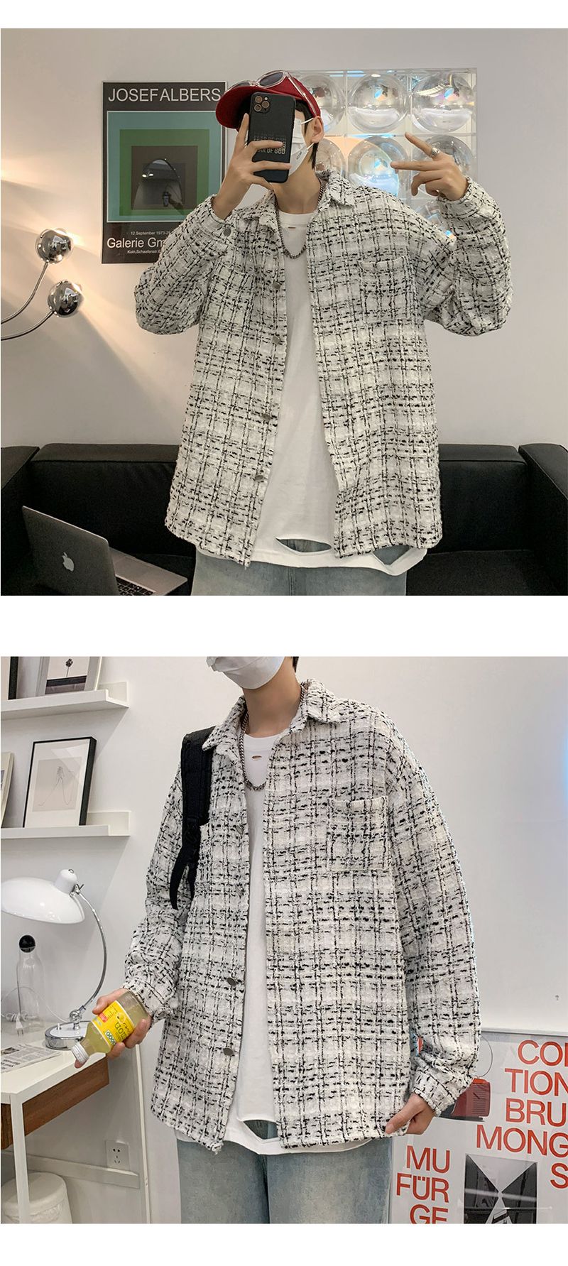 Pi Shuai Mantel Herren INS Trendy Plaid Strickoberteil Frühling und Herbst Koreanische lockere Freizeitarbeitsjacke_voghion.com